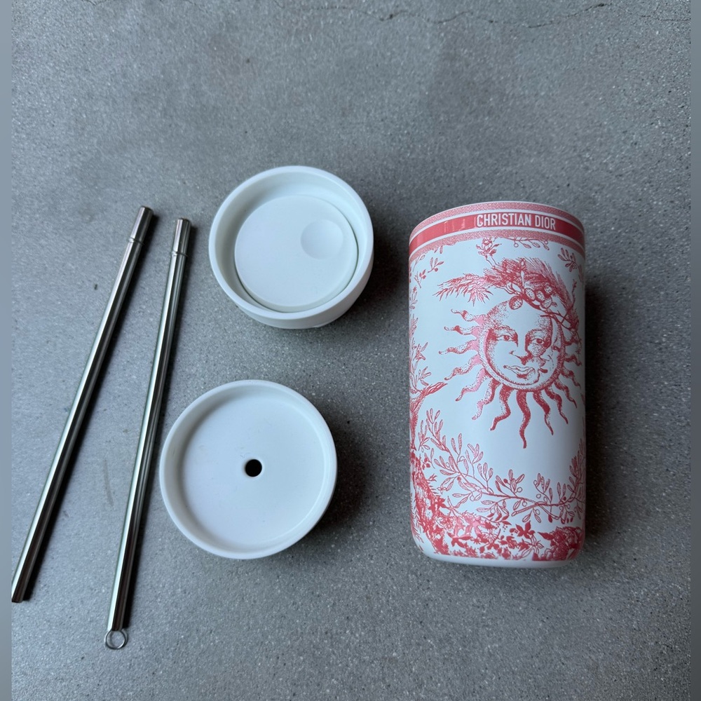 New Unused Christian Dior Coral and White Toile Travel Coffee Mug with Straws